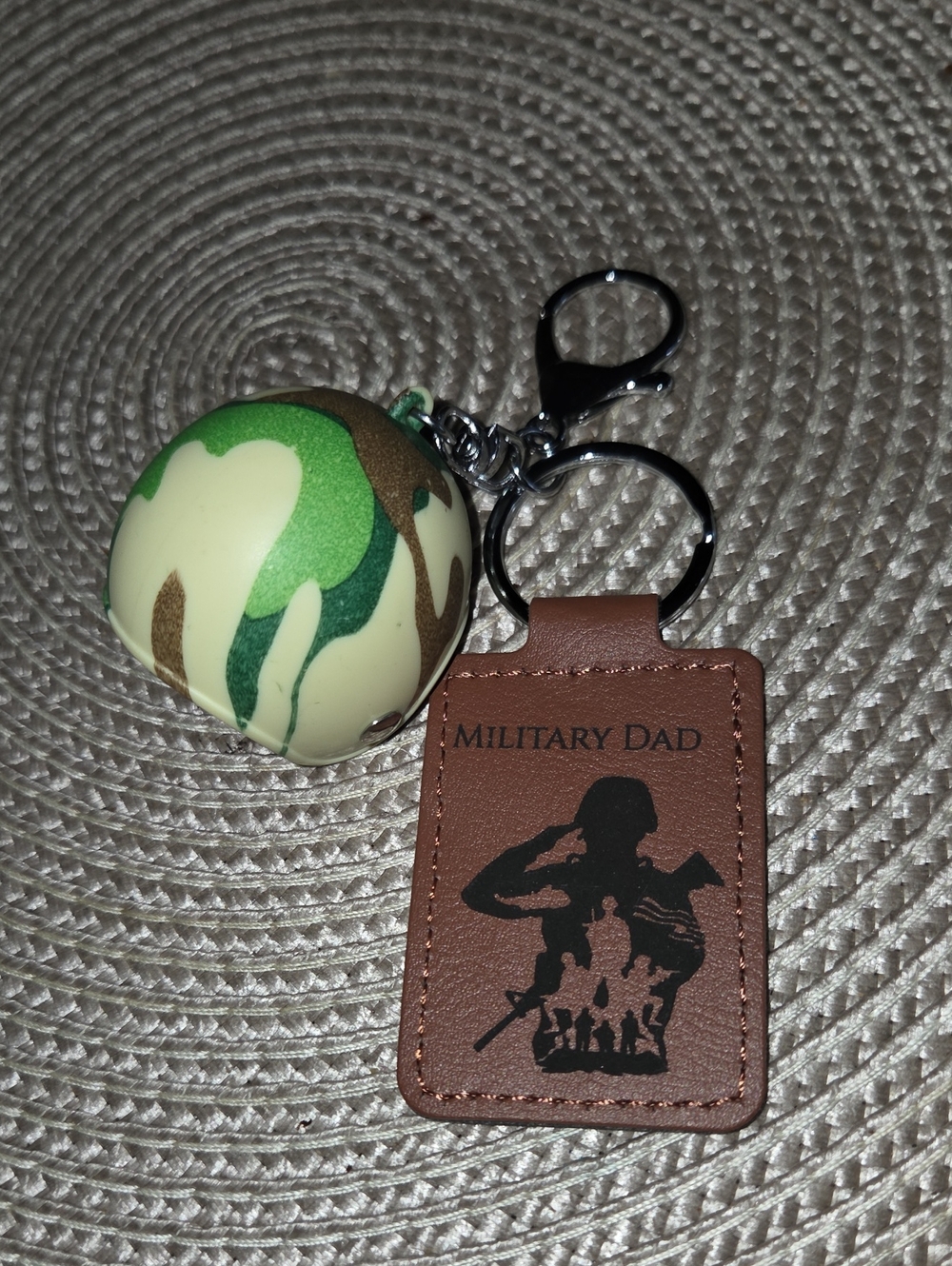 Military Dad Leather Keychain with Camouflage Hellmet Charm